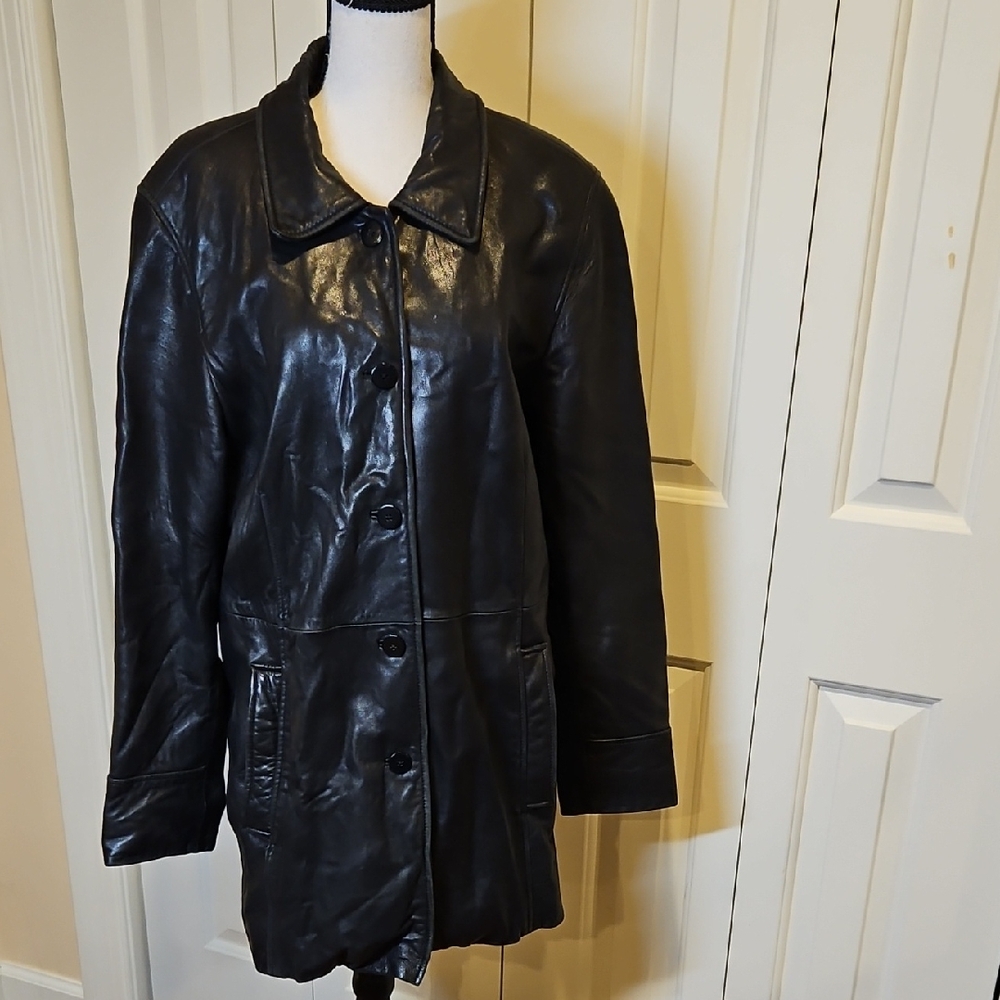 111 STATE Black Leather Coat Jacket Trench Women's M Buttons Pockets Vintage